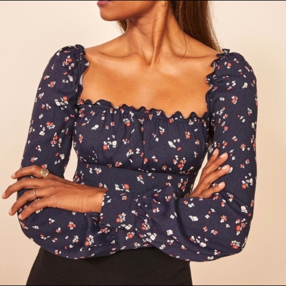 Reformation Matteo Navy Blue Long Sleeve Blouse Size 2
